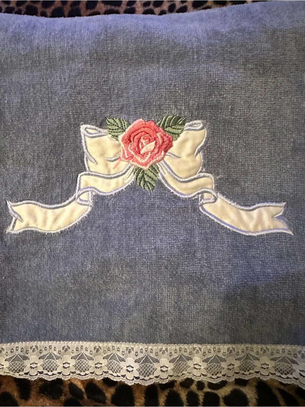 Vintage Blue with Pink Rose Embroidery with lace border towel set.